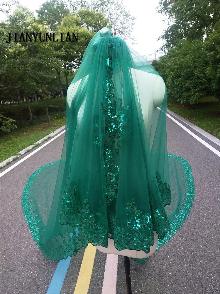 Real Photos 2 Layers Sequins Lace 3 Meters Cathedral Woodland Wedding Veils with Comb 5M Long White Ivory 2 T Bridal Veils