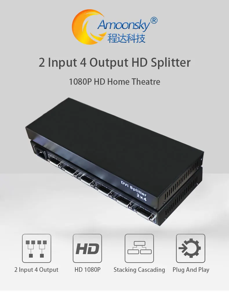 DVI Splitter 2 Input 4 Output 1080P High Resolution Seamless Sharing of 2 DVI Inputs to 4 HD Displays Model AMS-D2S4