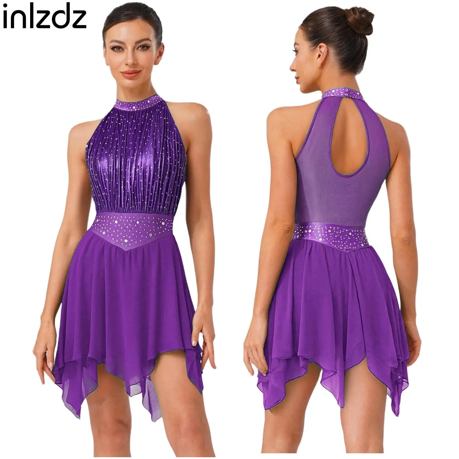 

Womens Ballet Jersery Lyrical Modern Dance Dress Fashion Rhinestone Mesh Leotard Dress for Gymnastics Figure Skating Performance