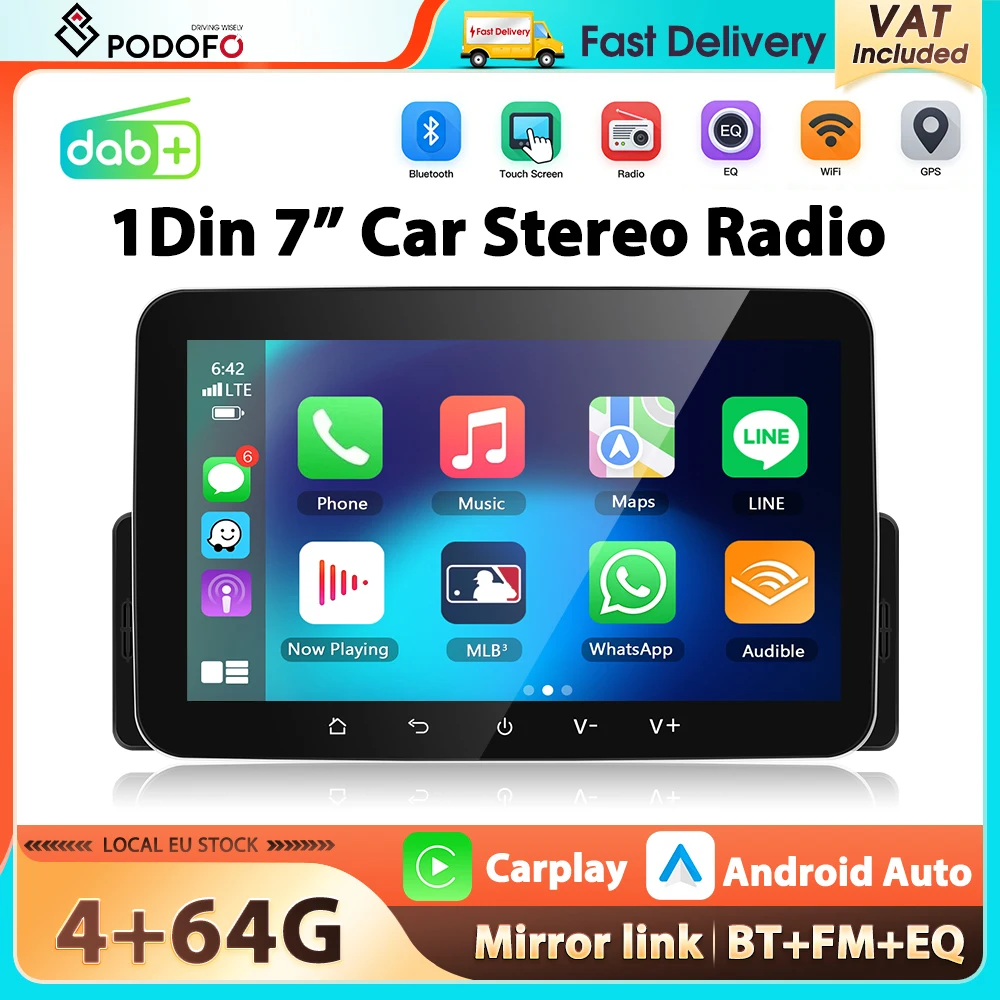 podofo Autoradio 7'' Android 4+64G 1Din, Lettore Multimediale con Carplay, Android Auto, WIFI, GPS, BT, FM/RDS, EQ, Doppia USB, 4Core, Mirror Link