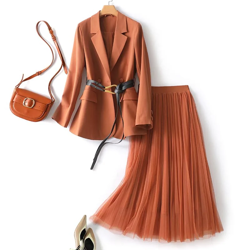 ZJYT Office Lady Blazer Suits Skirts Two Piece Dress Sets for Women Elegant Outfit Spring Fashion Conjuntos De Vestidos Orange