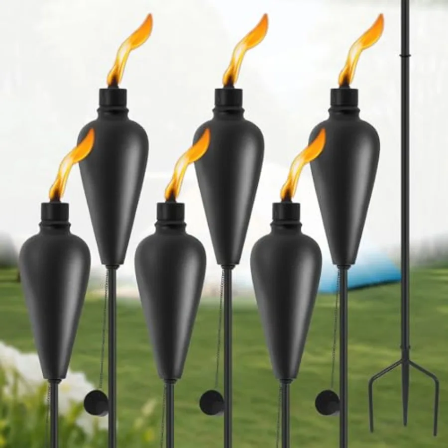 6 Pack Citronella Torches Outdoor, Metal Tiki Torches for Outside, 59.5 Inch Upgraded Garden Torch with 3-Prong Grounded Stake,