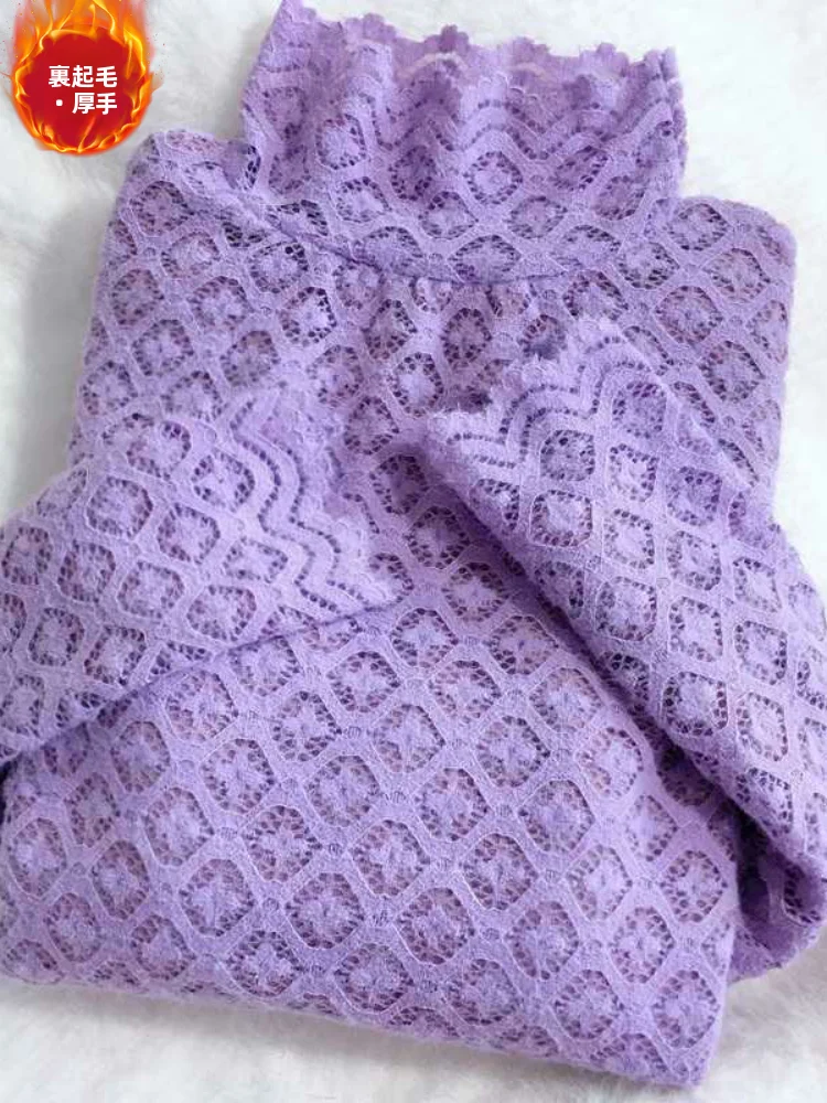 フリース裏地付きレースシャツ-レディース-スリムフィット-ハイカラー-ホローアウト-ポケットスクエア-秋冬新作-韓国風-プラスサイズ