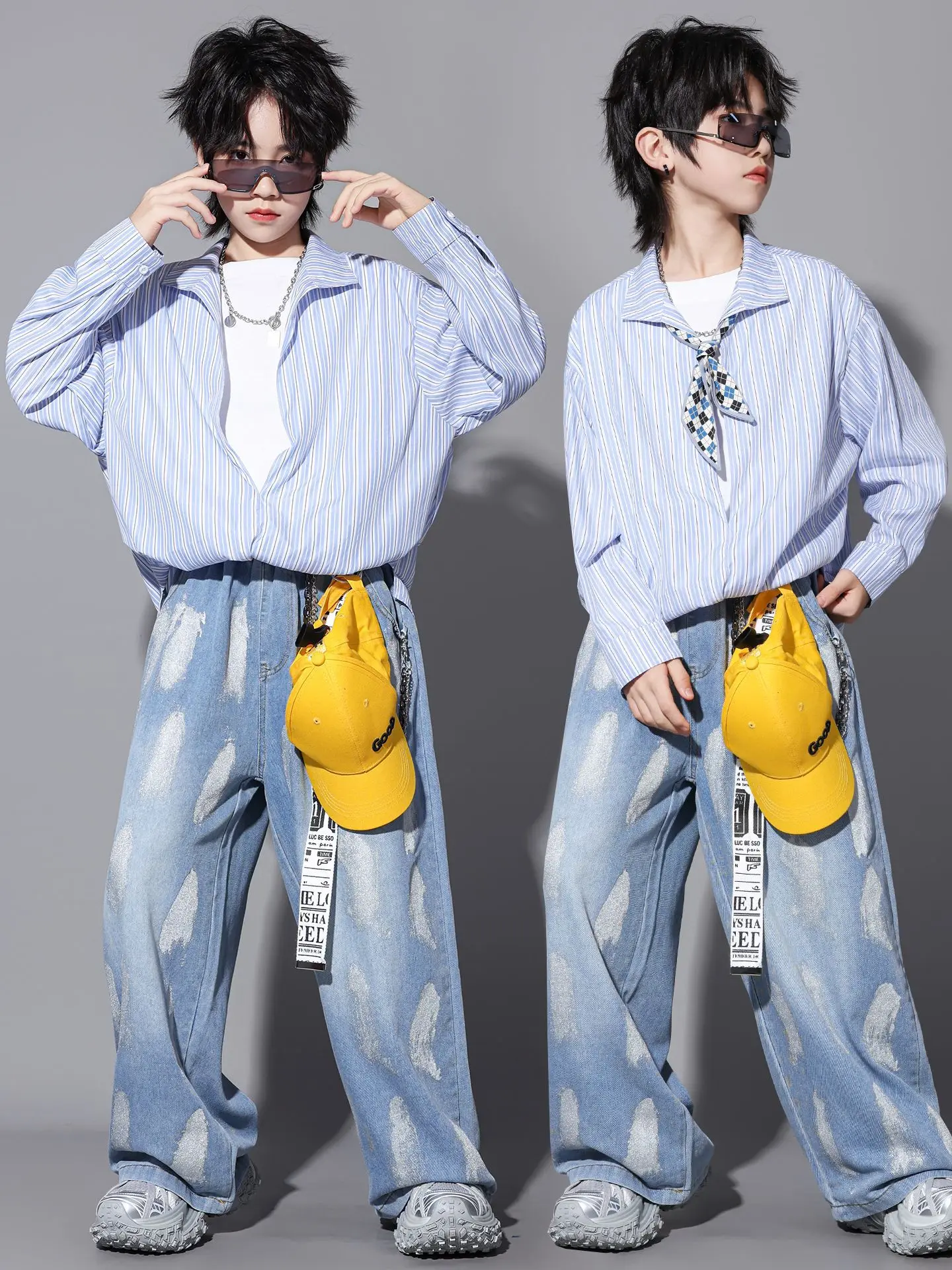 Boys Fashion Clothing Long Sleeves Fake 2Pcs Striped Tops Loose Jeans Hip Hop Dance Performance Clothes Girls Jazz Costume