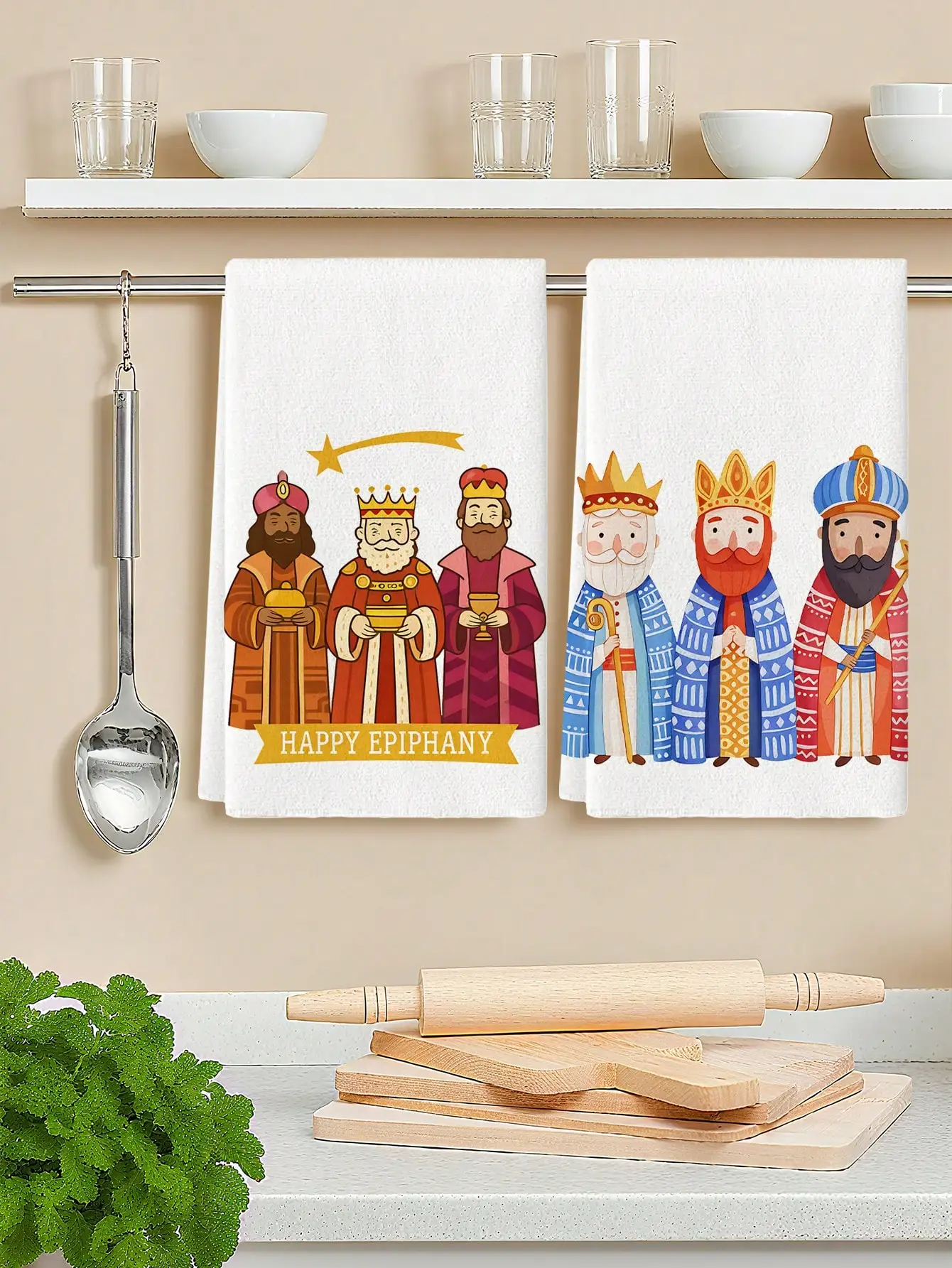 

2-Pack Three Kings Pattern Dish Towels Farmhouse Kitchen Hand Drying Tea Towels