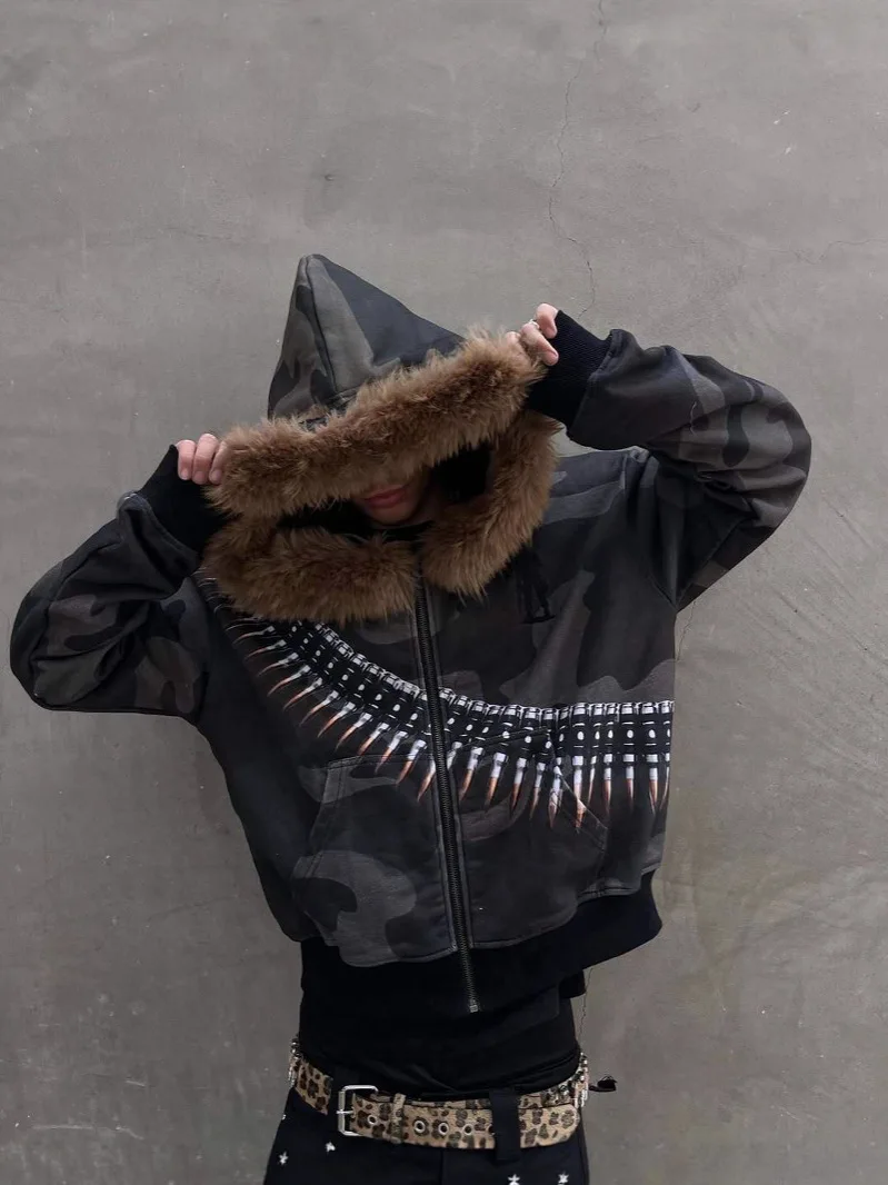 

Hip hop American Plush Hoodie Printed Personalized Fashion Street Hoodie Men's and Women's Zipper Loose cardigan Hoodie Jacket