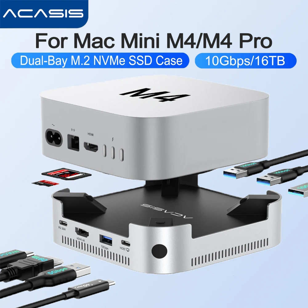 

Acasis Mac Mini USB-C Docking Station Dual Bay M.2 NVMe SSD Enclosure with 4K60Hz SD&TF 10Gbps USB-A Splitter for Mac Mini M4