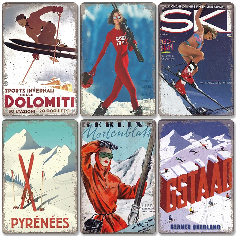 

Skiing Sports Poster Vintage Metal Plaque Signs Alpine Skiing Beauty Metal Tin Plate Retro Wall Decor for Ski Club Bar Pub Home