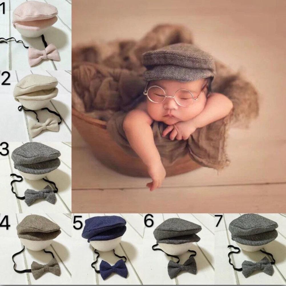 

Crochet Peaked Cap Bow Tie Set Baby Photo Props Newborn Photography Outfits Handmade Breathable Comfortable 0-2 Months