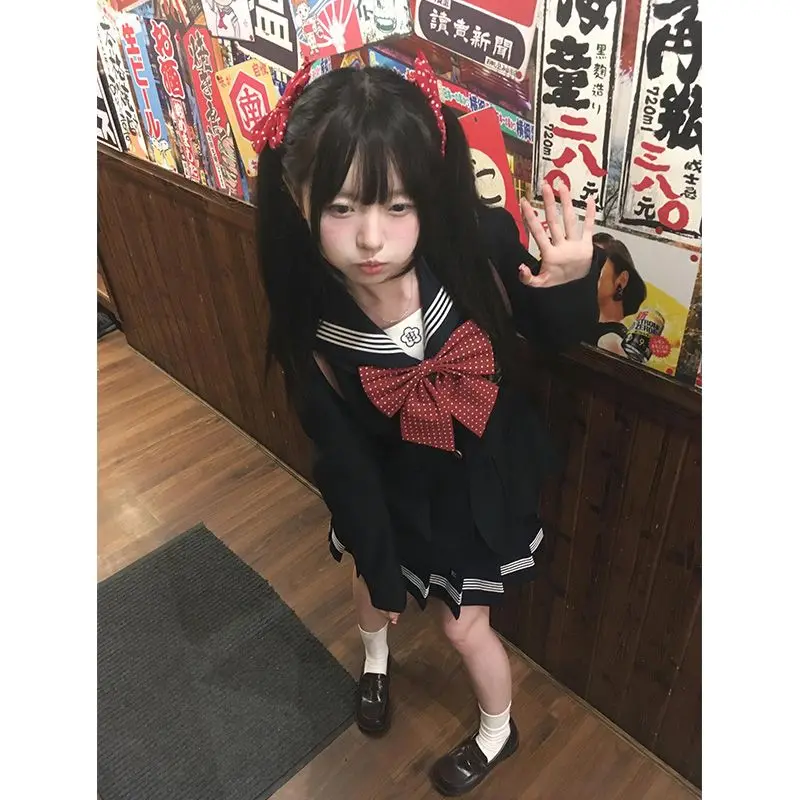 Japan School Uniform Plus Size Jk Suit Red Tie Black Basic Sailor Uniform Women Long Sleeve Suit