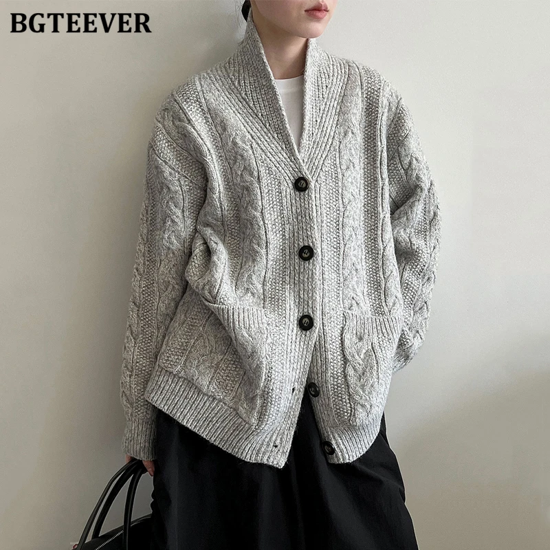 

BGTEEVER Elegant Stand Collar Single-breasted Knitted Cardigans for Women Autumn Winter Pockets Women Sweaters Jackets
