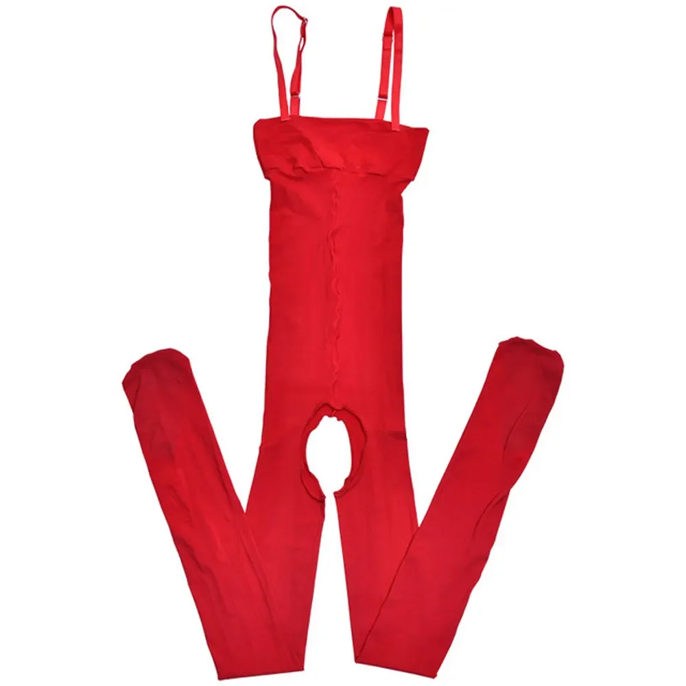 Women's Spaghetti Strap 10D Oil Shiny Jumpsuit High Elastic Crotchless Bodysuit Sexy See Through Tights Bodycon Stocking Style