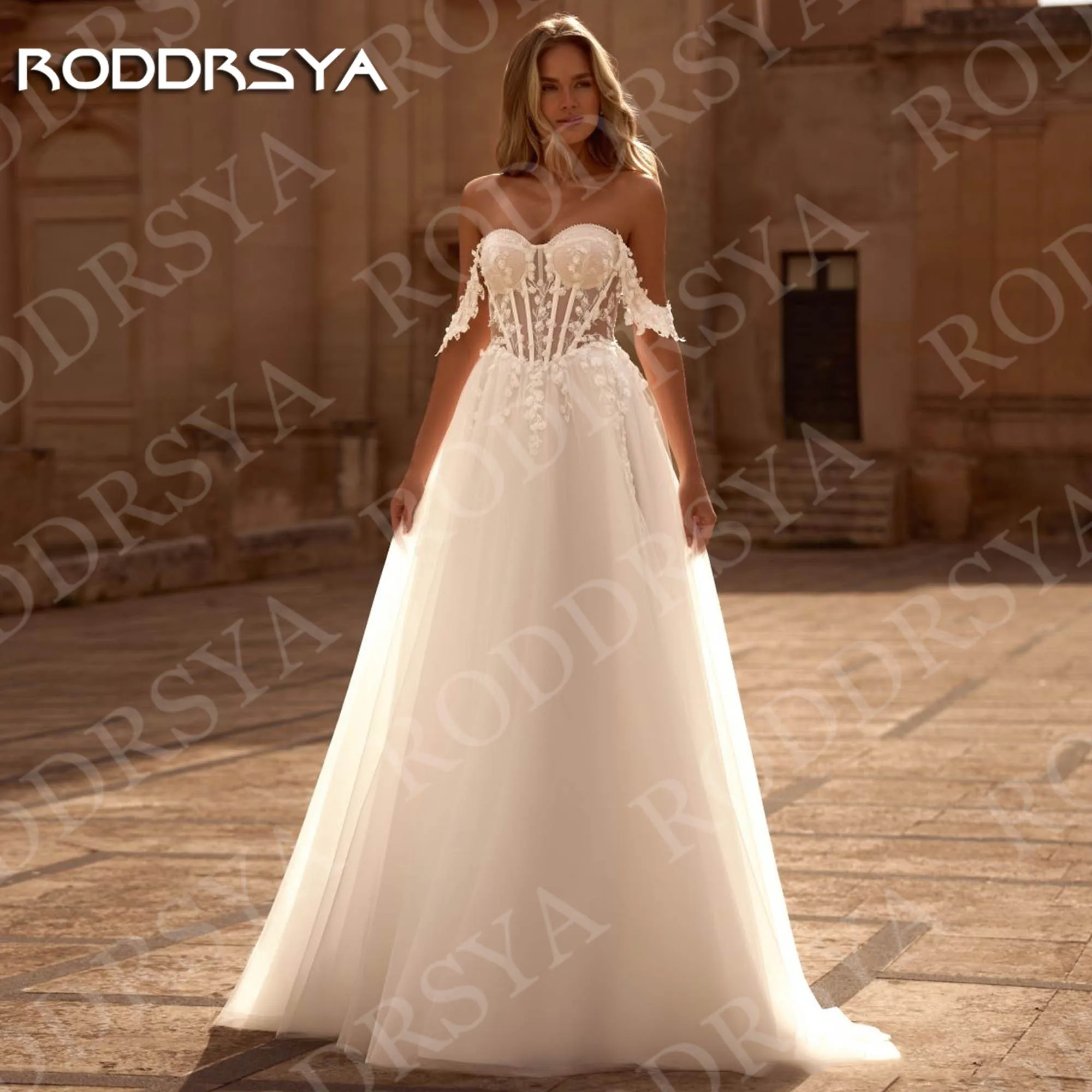 

RODDRSYA A Line Wedding Dresses Off Shoulder Lace Appliques Tulle Boho Bridal Dress Sweetheart Neck Customized robe de mariée