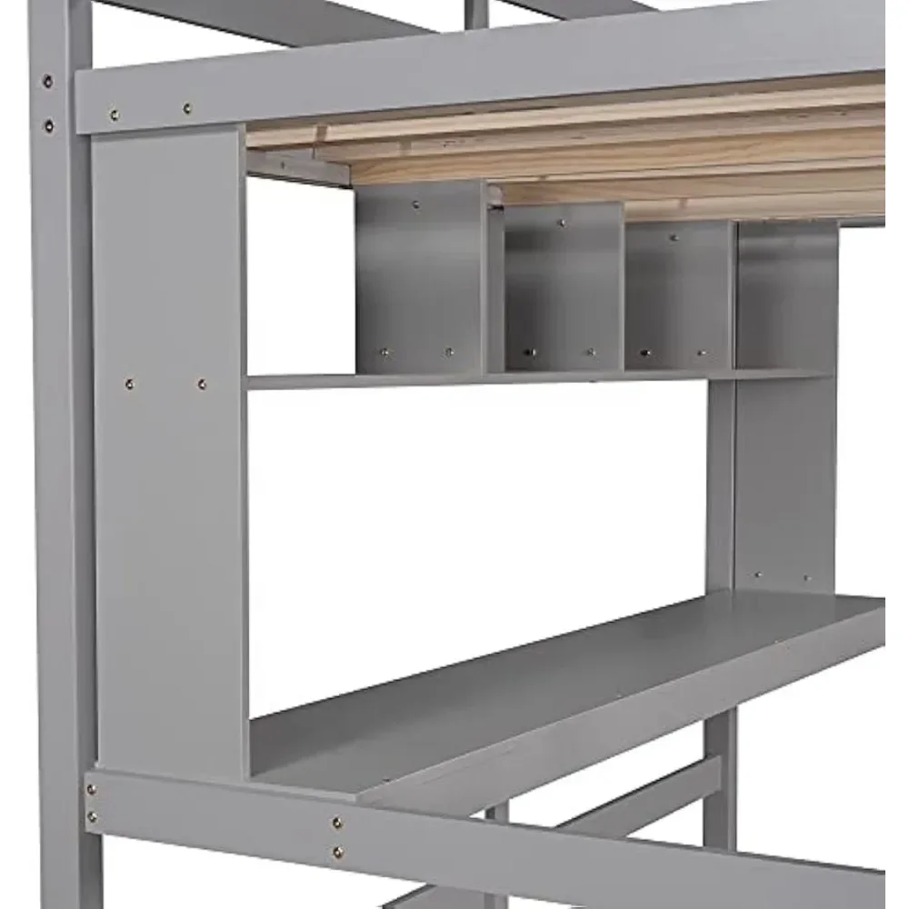 L Lit Loft En Bois Gris Pour Enfants Et Adolescents, Lit Double Avec Bureau, Étagère, Adultes