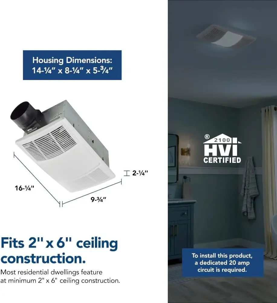 BHFLED80 مروحة عادم الحمام، سخان، ومجموعة إضاءة LED، 80 CFM