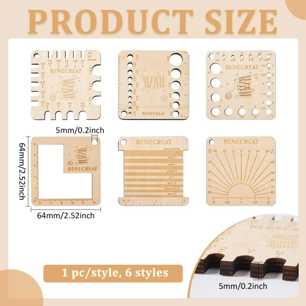 6 Styles Wood Knitting Gauge Rulers Square Crochet Hook and Yarn Wrap Guide Board Knitting Tool for Knitting Needle Spinners