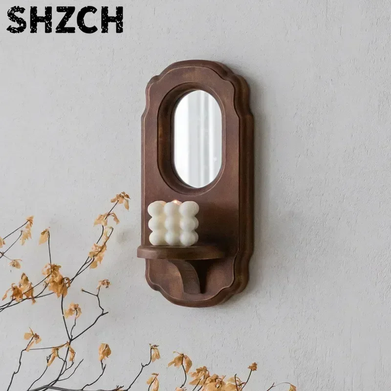 Wall Decor Candle Holders Solid Mango Wood Metal Candle Holder Mirror Retro Nostalgic Living Room Aromatherapy Candlestick