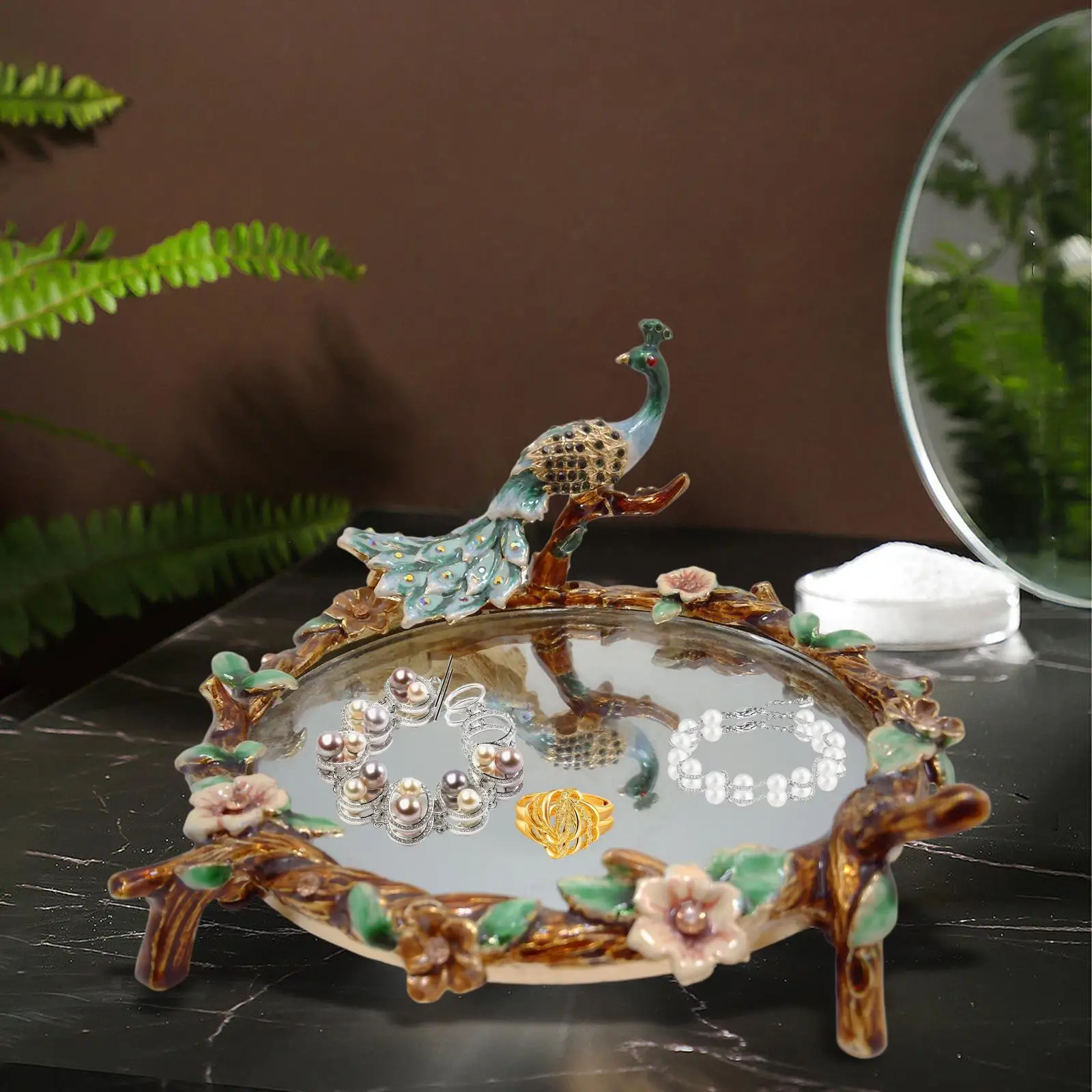 Mirror Serving Tray Round Peacock Serving Tray Perfume Tray Jewelry Display