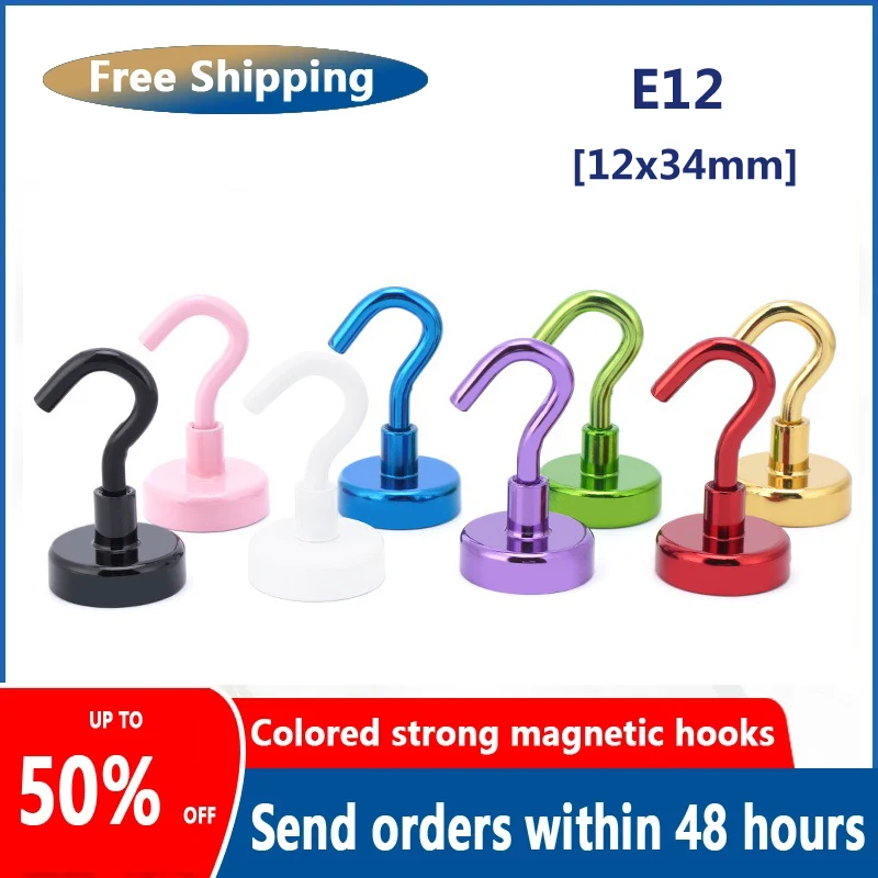 

E12X34 Colorful Strong Magnet Hooks Rust Proof Indoor Outdoor Hanging Kitchen Home Workplace Office Strong Color Magnet Hook