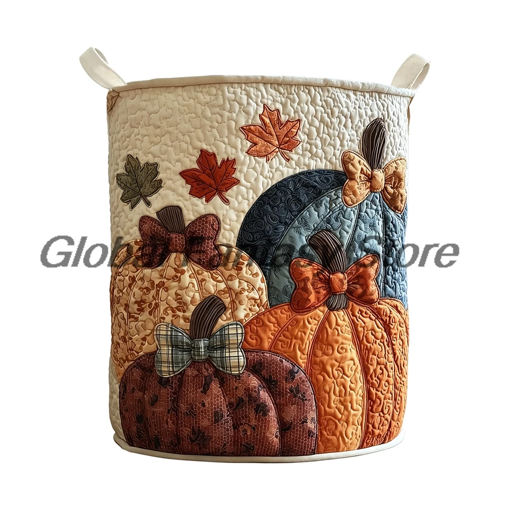 Fall Harvest Pumpkin Quilted Laundry Basket Maple Leaf Print Farmhouse Hamper with Handles Clothes Storage Bin Home Organizer