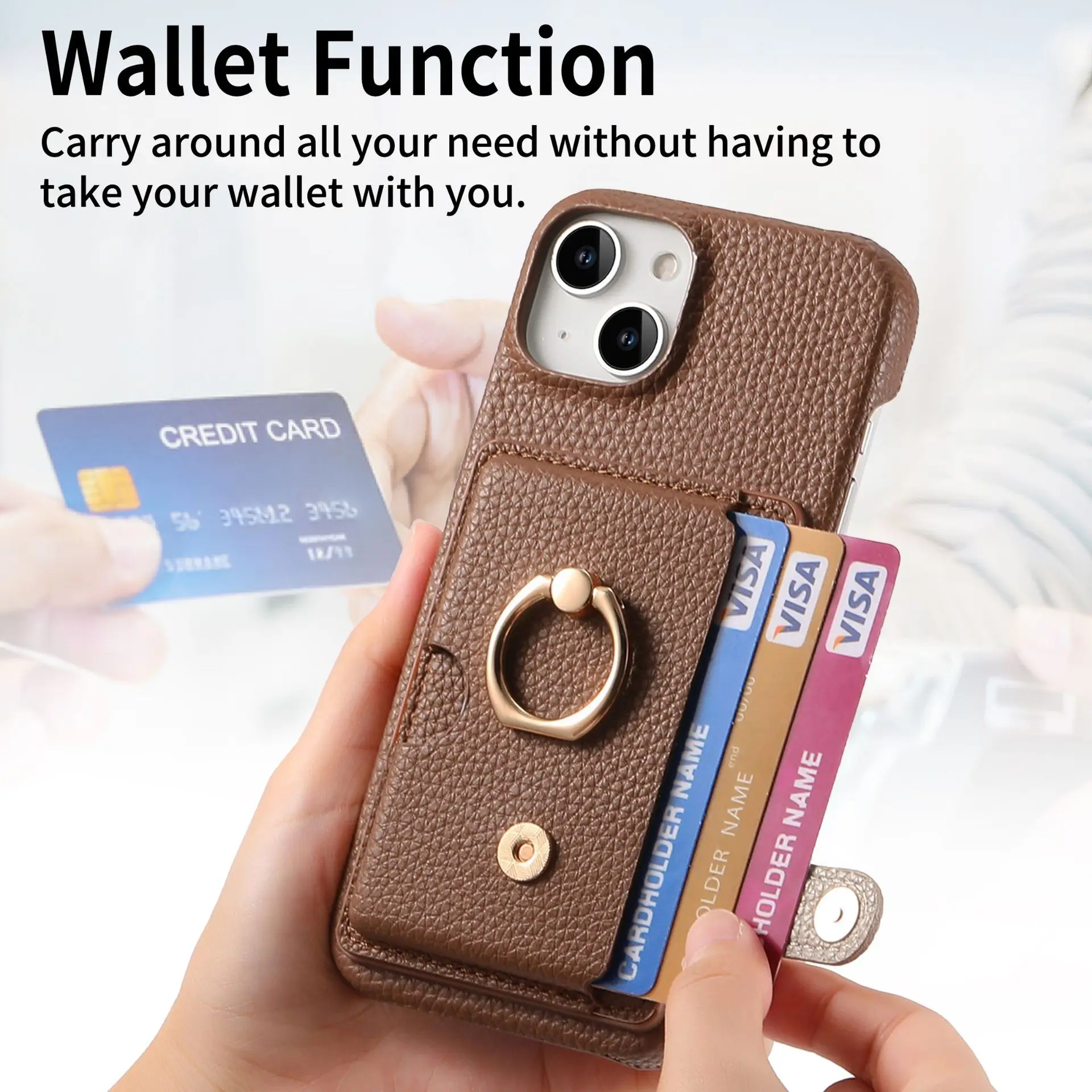 Leather Ring Support Phone Case for IPhone 17 Air 16E 18 16 15 14 13 12 11 Pro Max Plus Wallet with Card Holder Shockproof Cover