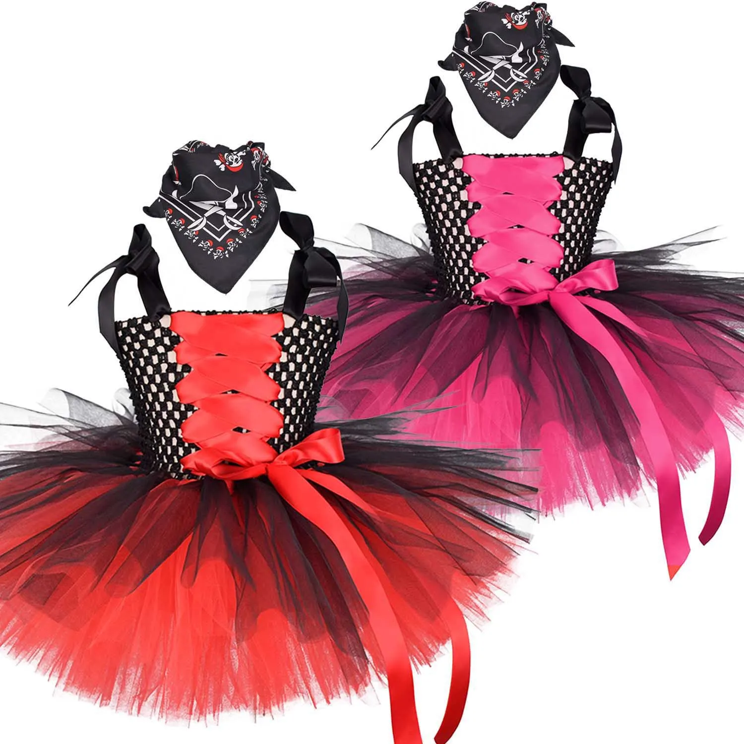 Kids Red Pink Pirate Themed Mesh Tutu Dress With Fashion Design Bandana For Halloween Carnival Party Dress Up Stage Performance