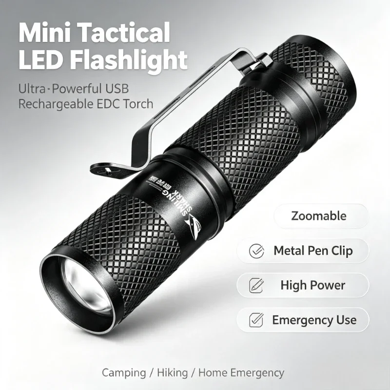 SMILING SHARK Ultra‑Powerful Mini Tactical LED Flashlight USB Rechargeable Zoom EDC Torch SD-5226B