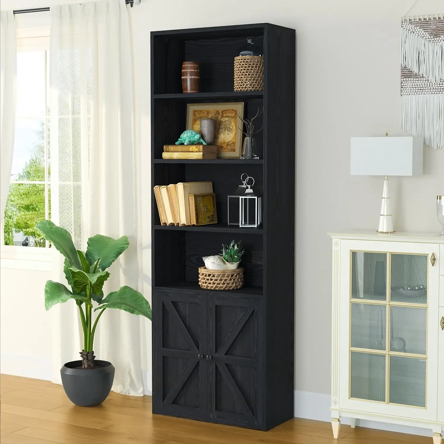 

6 Tier Bookshelf and Bookcase, Wooden Bookshelves with Cabinet Doors, Floor Bookshelves and Office Storage Cabinets