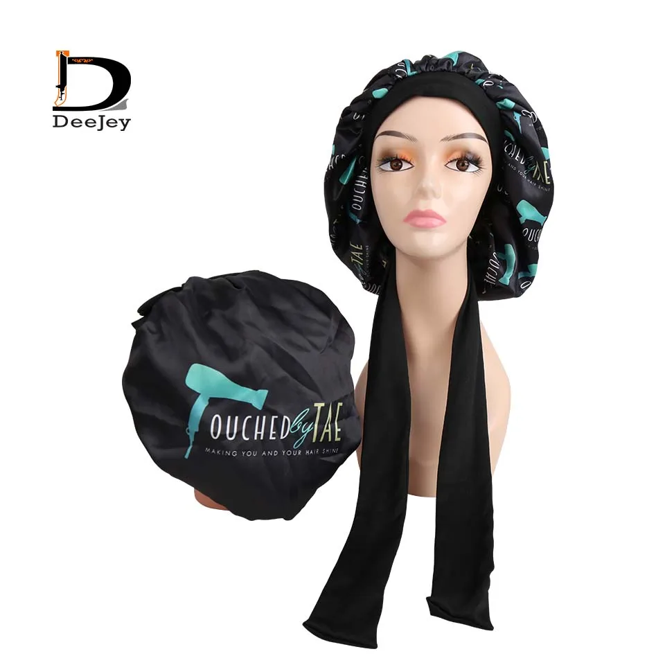 Luxury style Custom logo printing mother and daughter satin silk double layer bonnet with long band tie for virgin hair