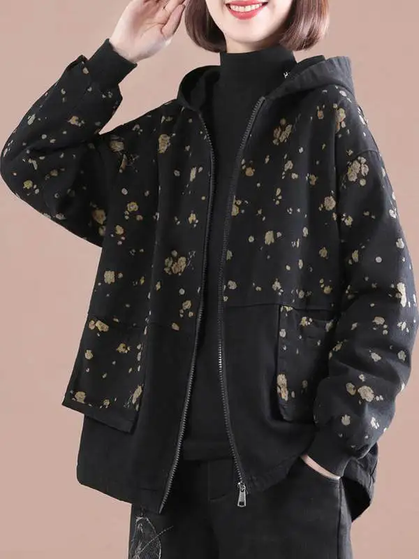 

Slim Fit Embroidered Zipper Casual Thiened Fce Lined Hooded Coat Summer 2025 Women's Faion Print ort Jaet