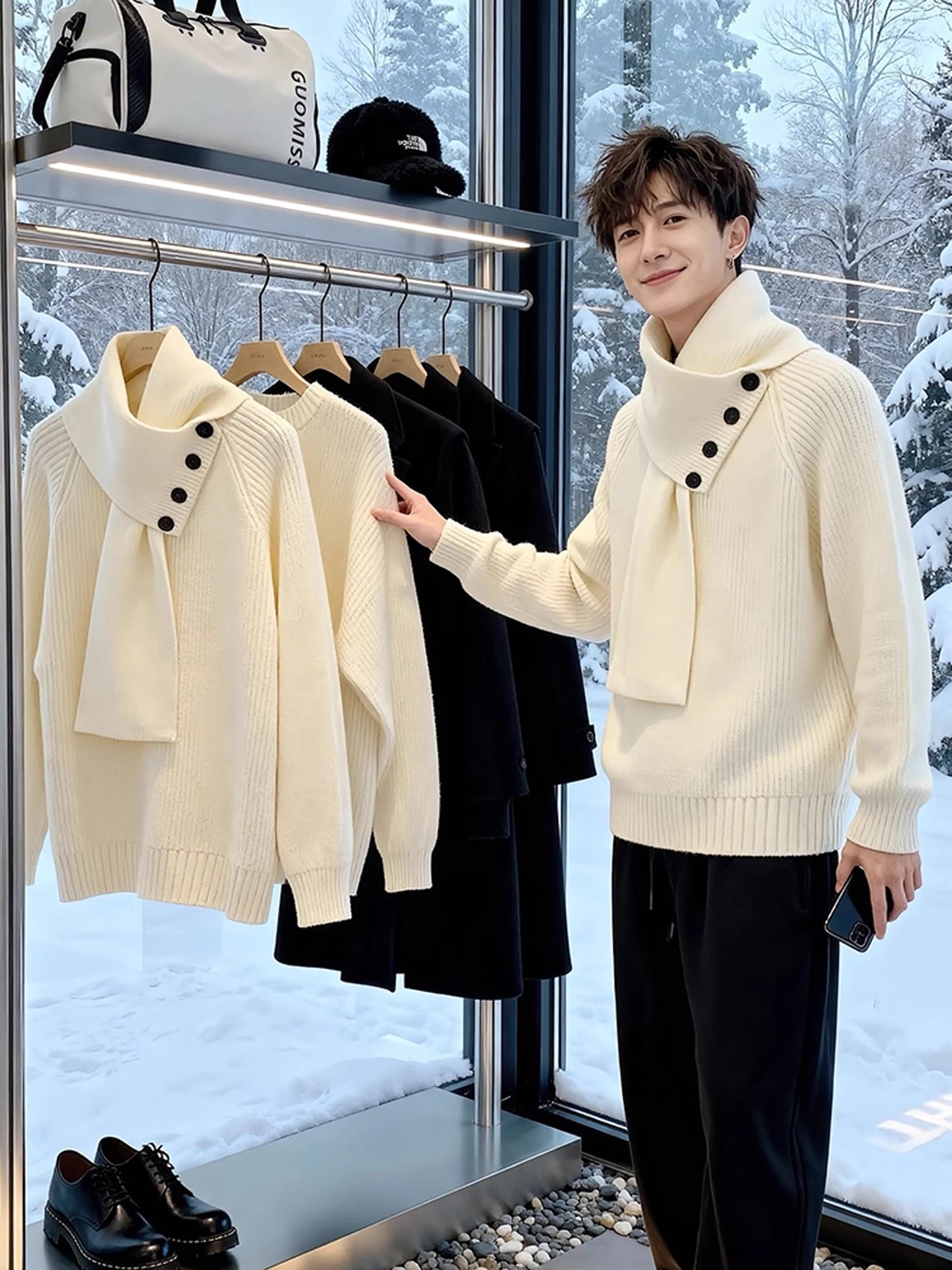 

Мужской вязаный свитер American Sle с высоким воротником и съемным шарфом, свободный крой, длинный рукав, для зимы, повседневный, в стиле Lazy Sle