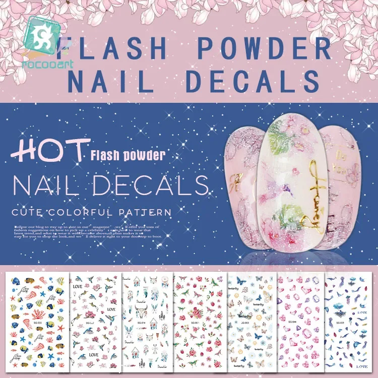 Rocooart Flash Powder Nail Stickers Glitter Flowers Diamond Nail Art Decoration DIY Adhesive Nail Wraps Foil Decal