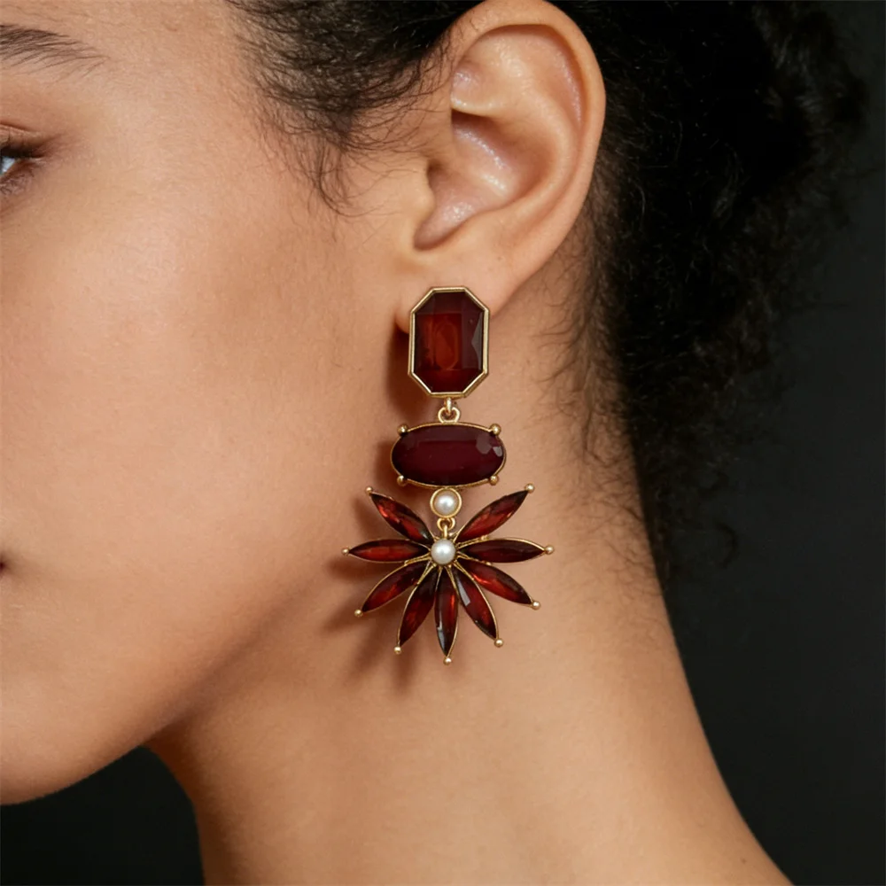 New Arrivals Smoky Jewelry Burgundy Stone Statement Earrings For Women Girl Runway Dinner Party Gift