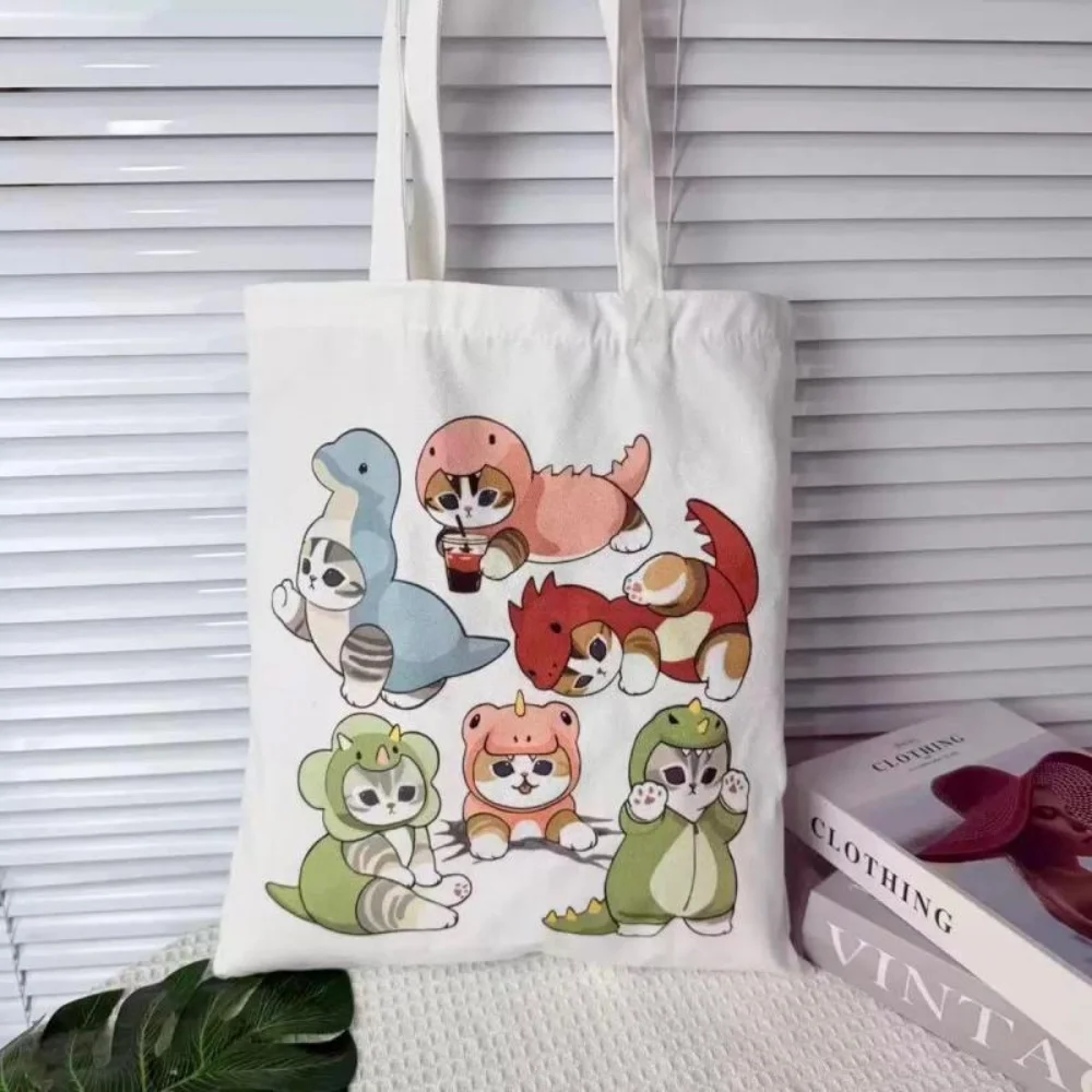 Cartoon Mofusand Canvas-Umhängetaschen, niedliche Haifisch-Katze, große Kapazität, Tragetasche für Damen, lässige Mode, umweltfreundliche Einkaufstasche