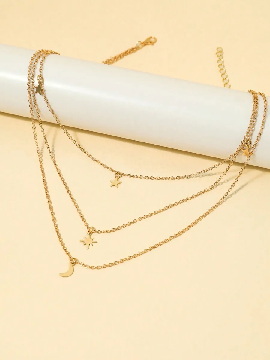 Minimalist Triple Layer Star And Moon Pendant Chain Necklace