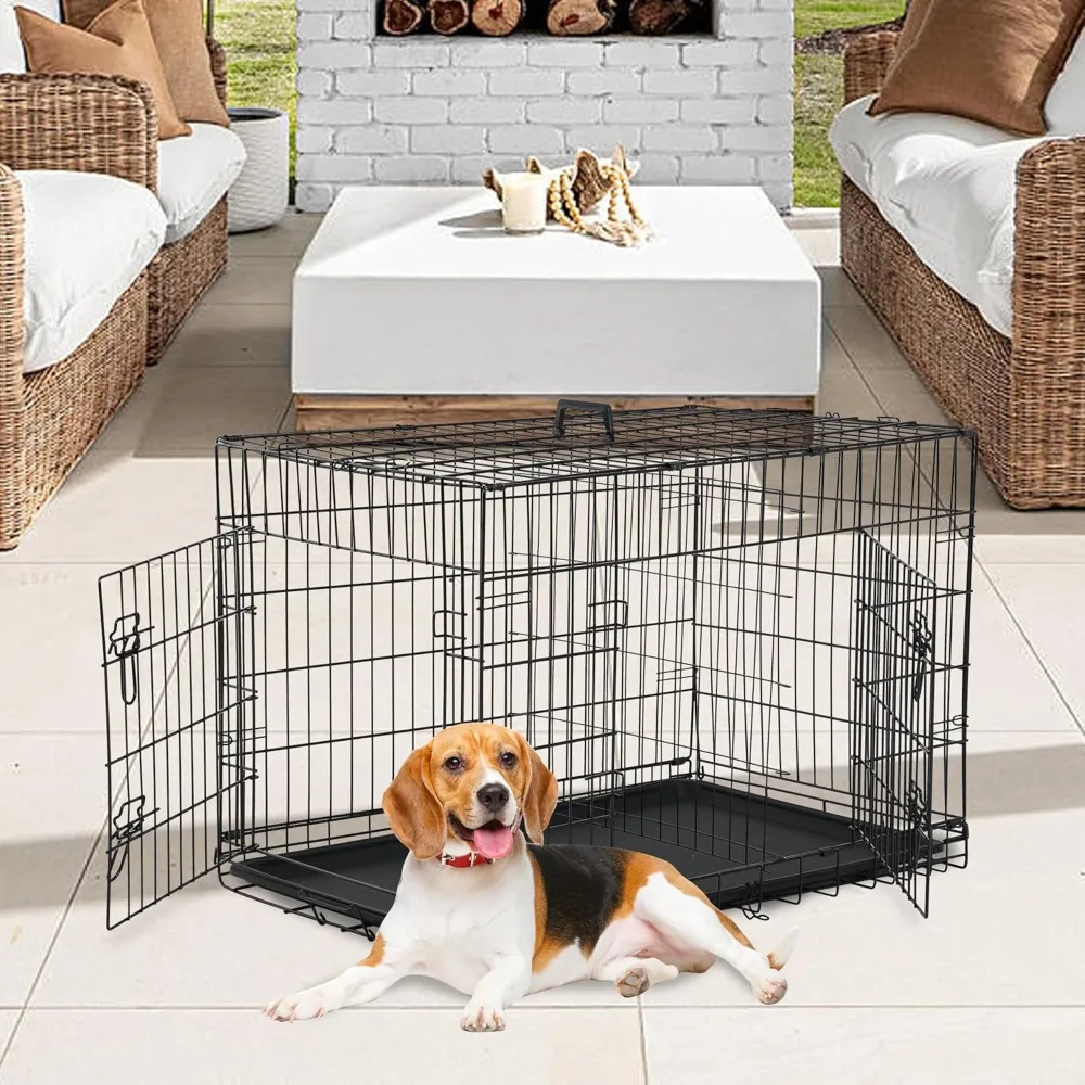 FDW Dog Crate Dog Kennel Cage with Double Door,36 inch Folding Metal Wire Dog Cage with Removable Tray&Divider Panel,Pet Crate f