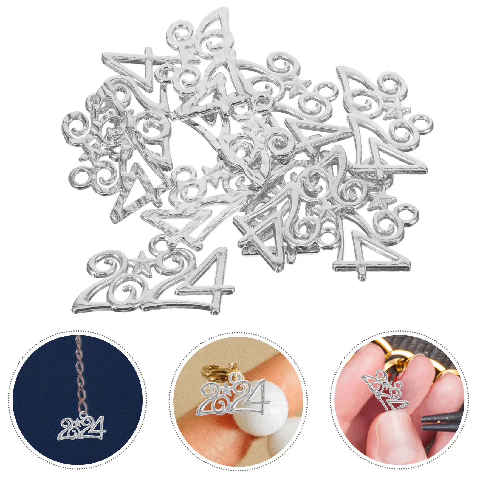 50Pcs 2024 Year Number Charms Alloy DIY Jewelry Pendants Shiny Textured for Necklace Bracelet Earrings Bookmarks Keychains