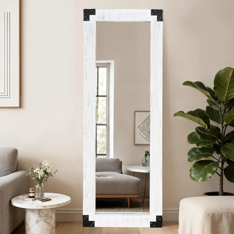 Cermin Panjang Ukuran 65x24 Inci dengan Bingkai Kayu dan Aksen Dekoratif Logam, Finishing Putih Rustic, Sempurna untuk Ruang Masuk atau Kamar Tidur