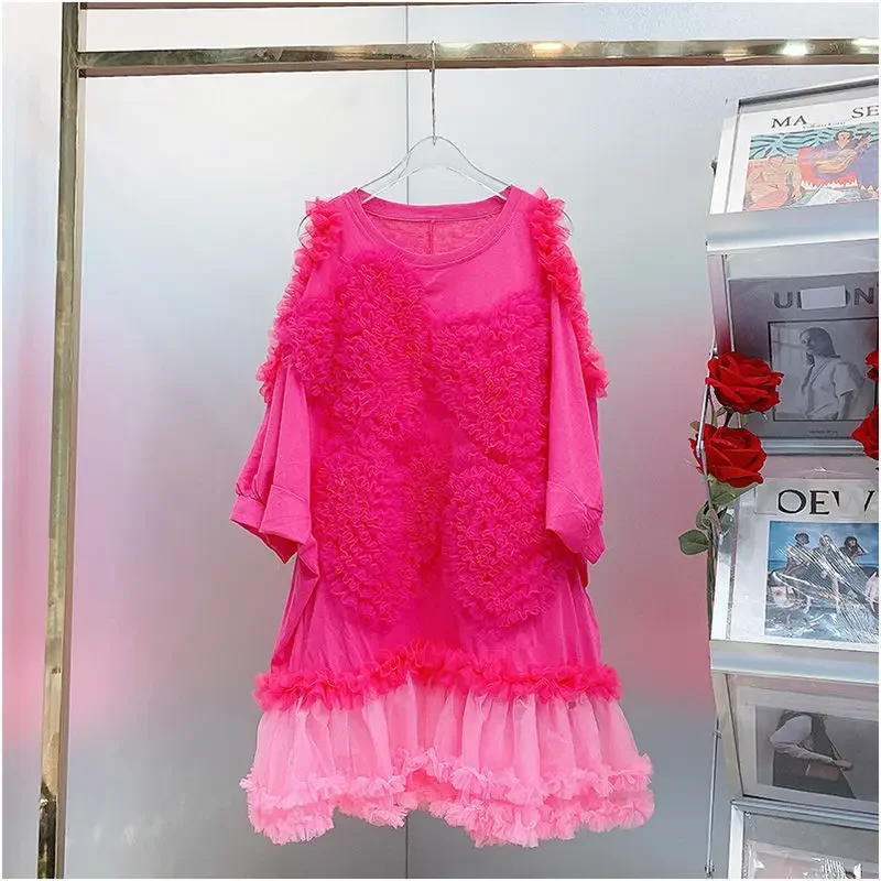 Original Design 2025 New Summer Loose T-shirt Women Top Fairy Mesh Splicing Loves Loose Mid-long Long Sleeve Casual Dress