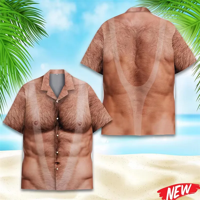 Hairy Chest Graphic Hawaiian Men Shirt 3d Printed Muscle Body Shirt Novelty Beach Holiday Short Sleeve Button Shirts Funny Gift