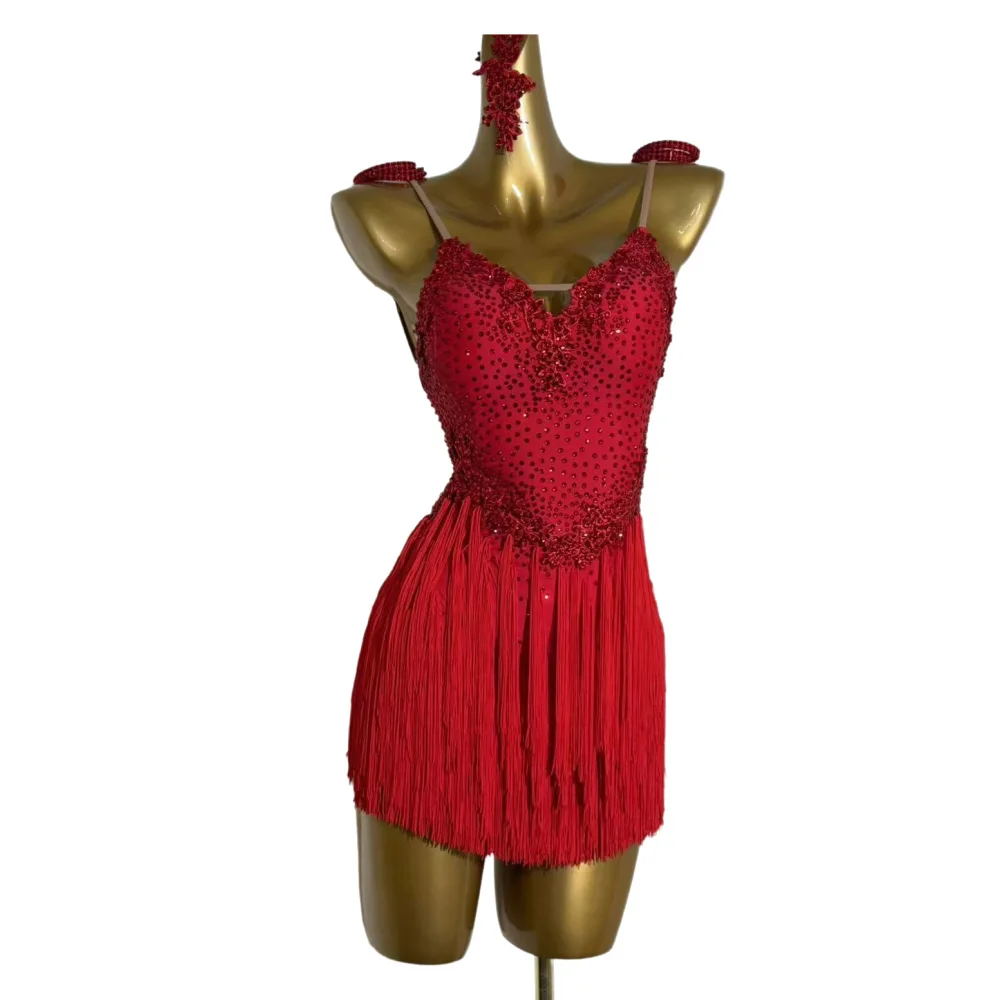 

Latin Dance AB Stone Female Adult Children High end Customized Slanted Tassel Skirt Dress Samba Performance Dress