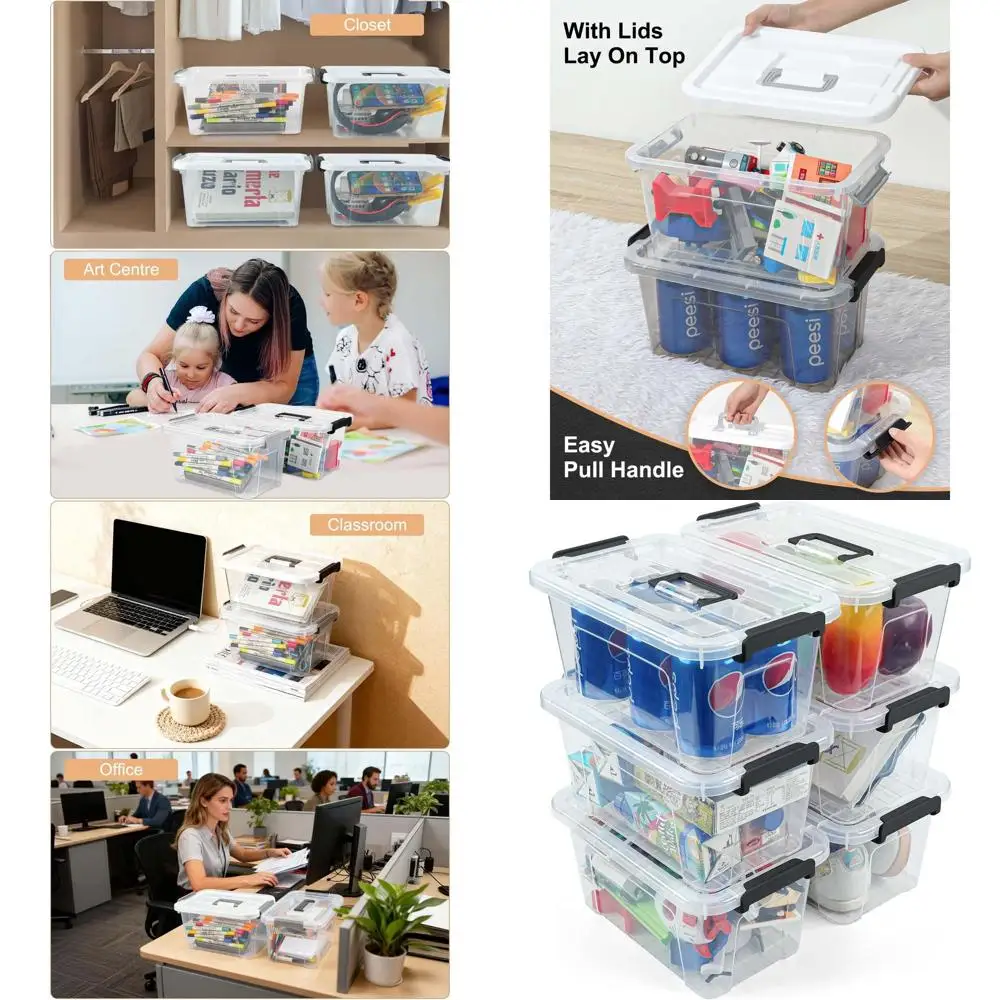 

6-Pack Clear Lidded Storage Bins, 7 Quart Stackable Organizers with Buckle Latches for Home and Office Use