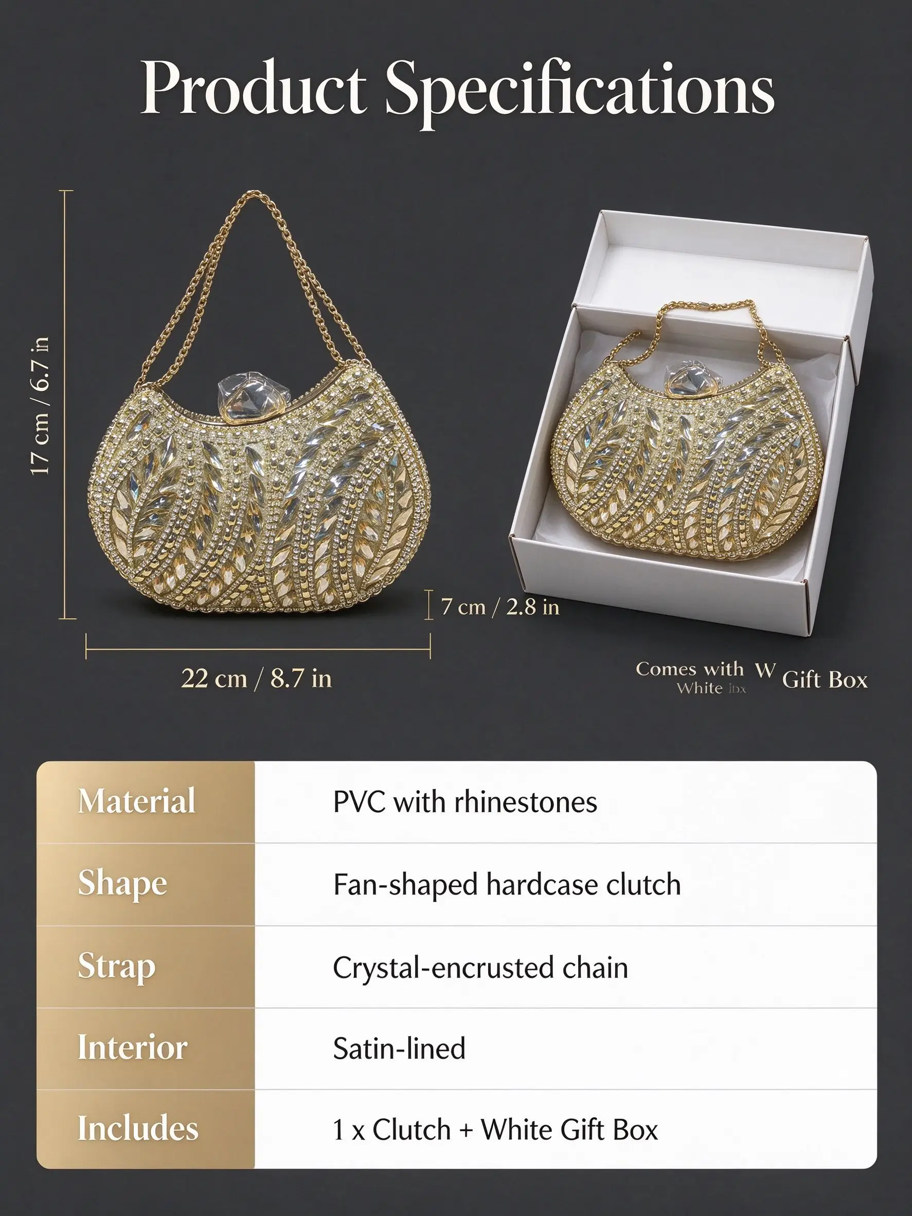 Bolso de mano con pedrería dorada para mujer, diseño de abanico, estuche rígido, bolso de noche con cristales, cadena, ideal para bodas, galas y fiestas, regalo.