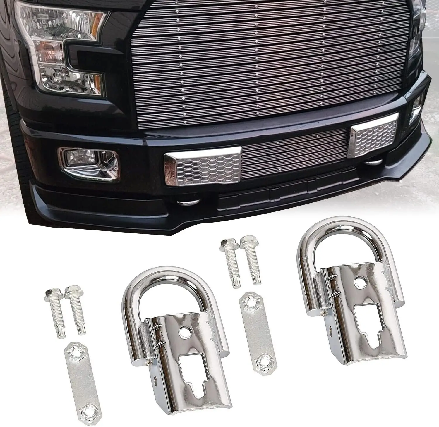 

Heavy Duty Chrome Tow Hooks for Ford F150 Trucks (2009-2019) with Mounting Hardware, 2 Pieces