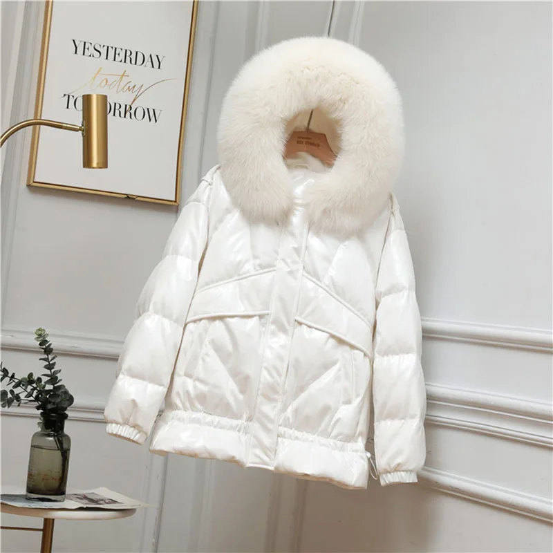 Winter Thick Warm Short Down Jacket Womens Fashion Leather Furry Hooded Coats Female Zipper Loose Cotton Clothes Mujer 2024