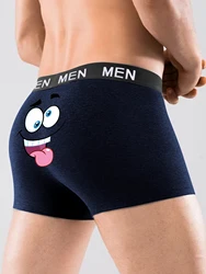 Men Funny Boxer Briefs Breathable Trunks Underwear Cartoon Face Boxer Short for Male Blue Quirky Panties