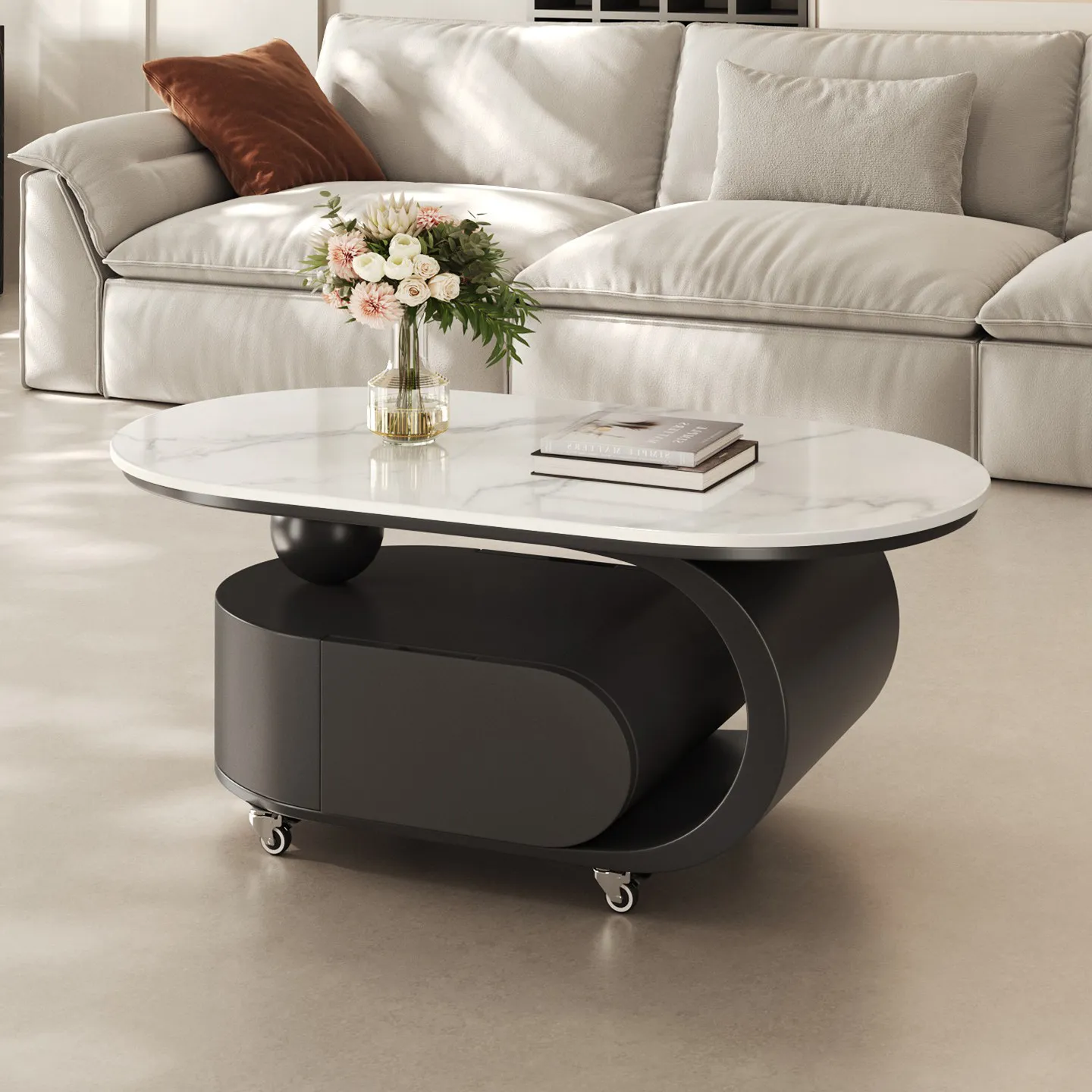 For Living room coffee table removable home light luxury high sense rock slab coffee table with wheels creative and simple