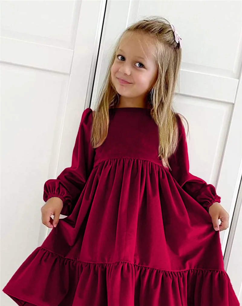 Girls Suede Ruffles Dresses Winter Kids Long Sleeve Cotton Solid Dress Big Children Fashion Party Princess Dress Girls Clothes