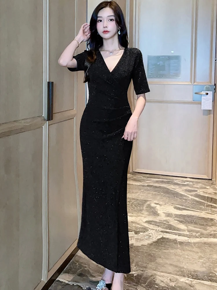 2025 Black Bright Slik Short Sleeve V-Neck Sexy Long Dress Women Elegant Luxury Ruffled Dress Summer Korean Bodycon Party Dress