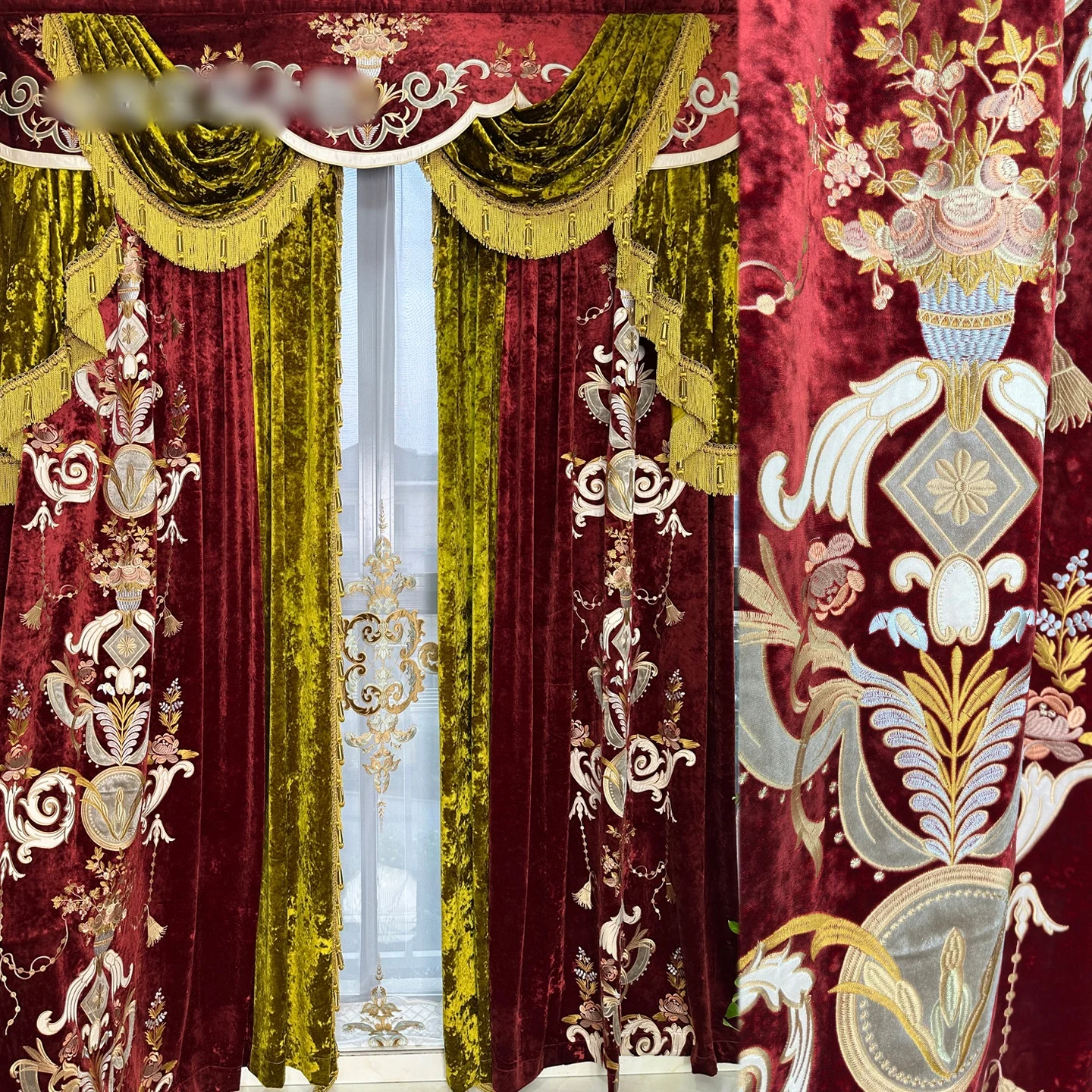high-end Custom Europeannew luxury velvet splicing bedroom living room red cloth blackout curtain tulle valance drape M1796